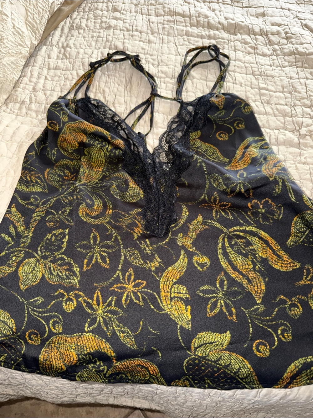 Free People Black Paisley Lace-Trim Sleep Cami with Green & Gold Motif camisole